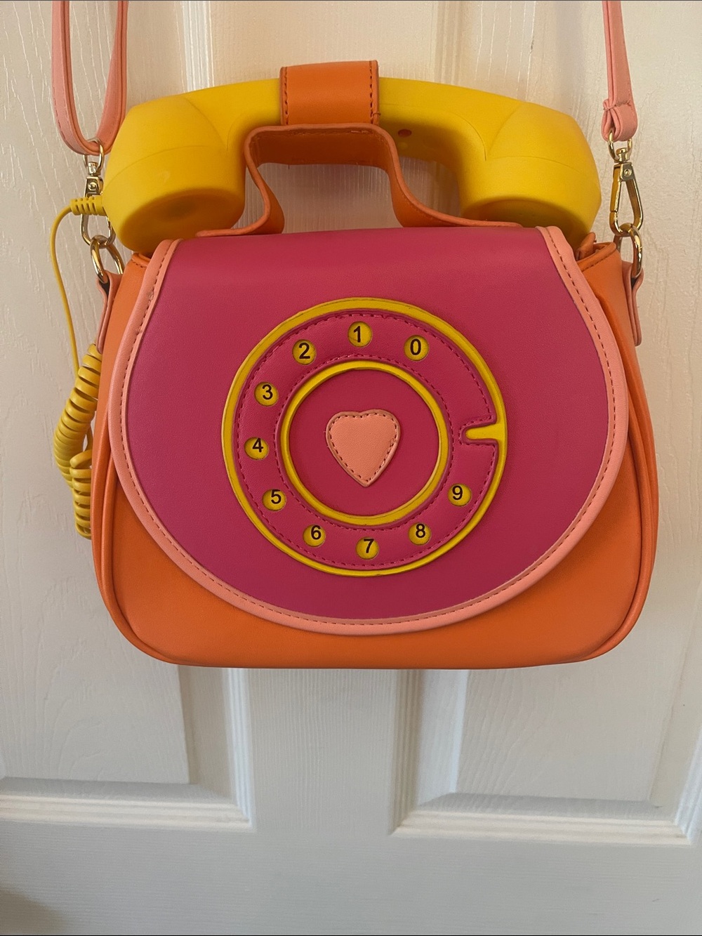 Retro Phone Motif Convertible Bag in Pink, Orange & Yellow w/aux phone cord